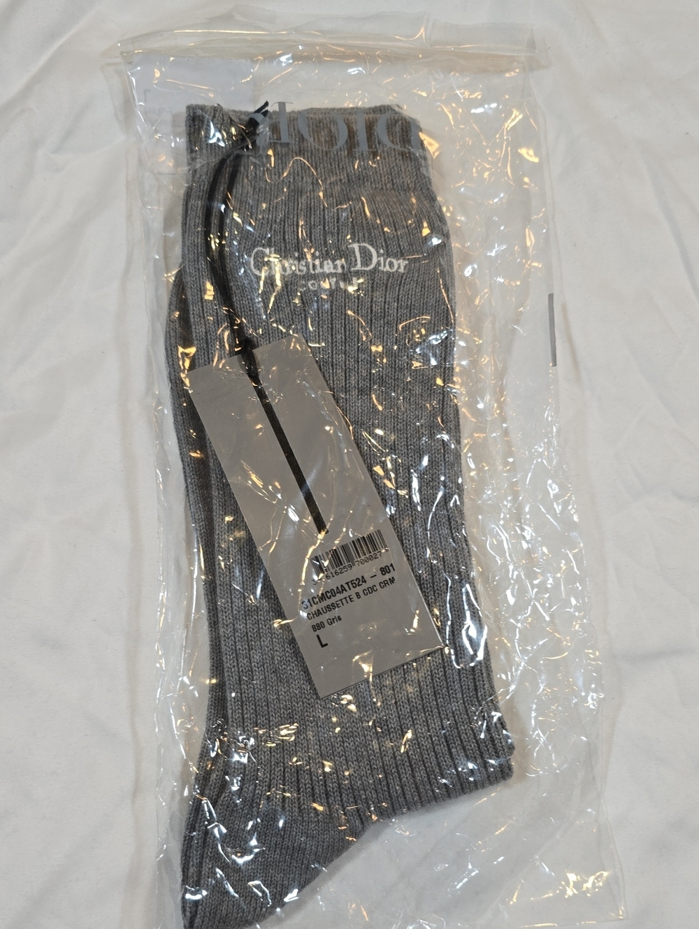 Dior Men's Gray Ribbed Crew Sock with Embroidered Logo